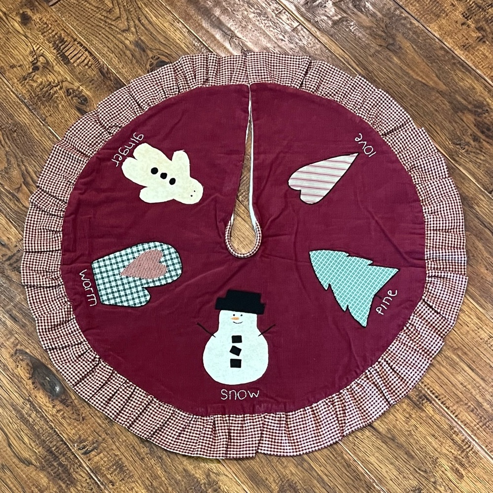 Festive Burgundy Red Tree Skirt with Snowman and Holiday Motifs